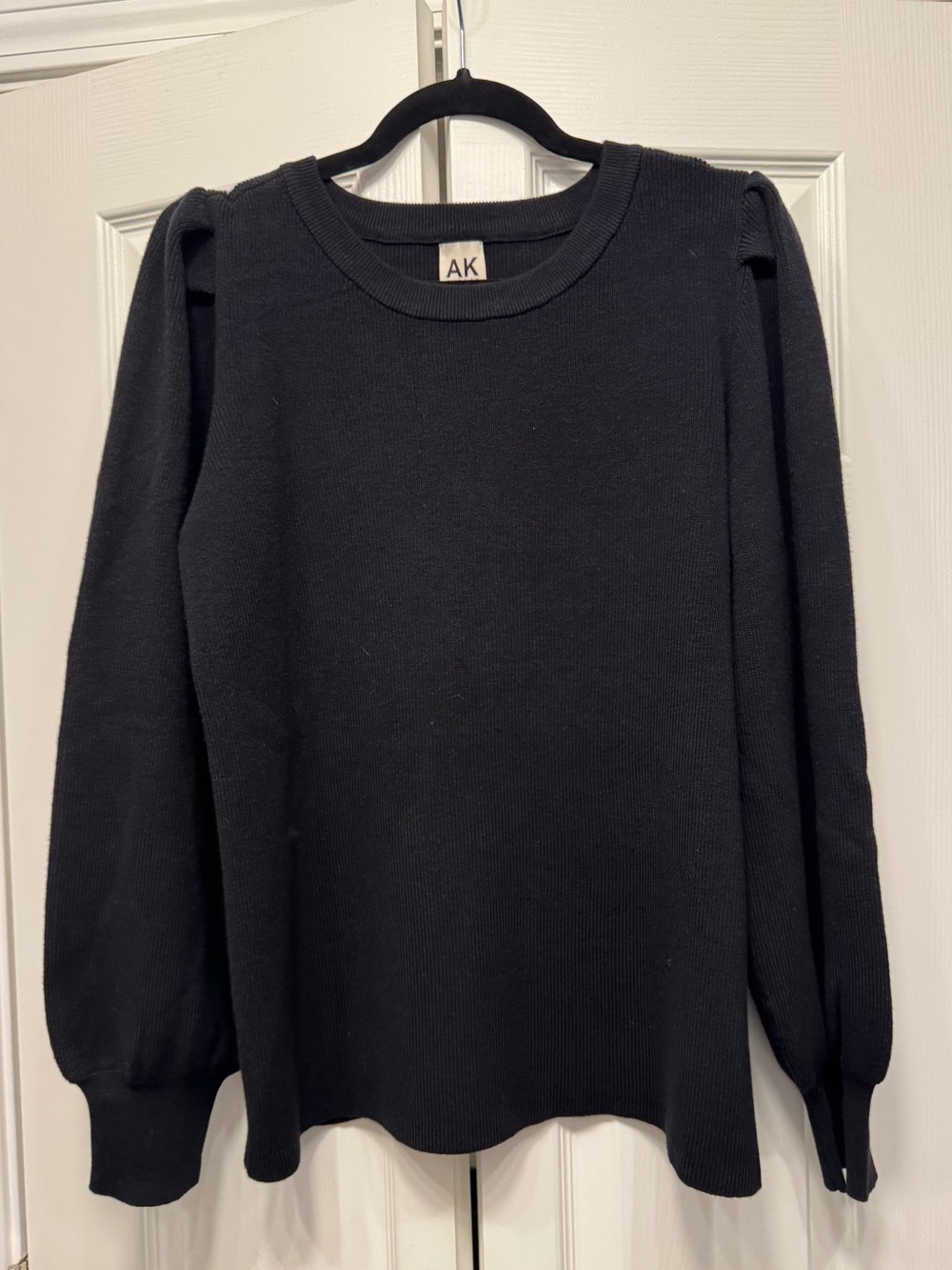 Anne Klein Black Puff Sleeve Ribbed Crewneck Sweater
